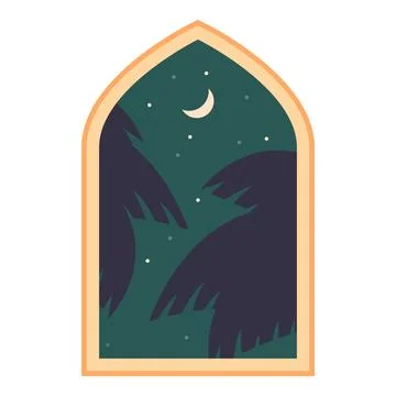 Arched window showing crescent moon over palm trees at night Ilustração Stock