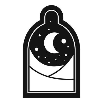 Arched window showing crescent moon and starry night sky 스톡 일러스트