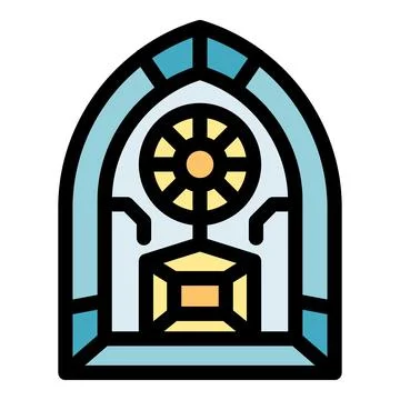 Arched window showing dharma wheel and cubic pedestal inside buddhist temple Stock Illustration