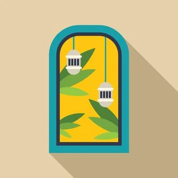Arched window showing hanging lanterns and tropical leaves 스톡 일러스트