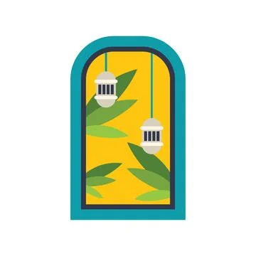 Arched window showing hanging lanterns and tropical leaves Illustrazione stock