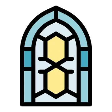Arched window showing honeycomb pattern with blue and yellow stained glass Illustrazione stock