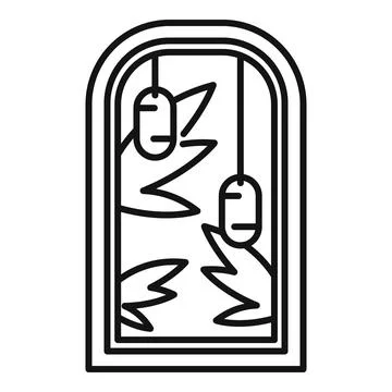 Arched window showing tropical plants and hanging decorations in line art sty 스톡 일러스트