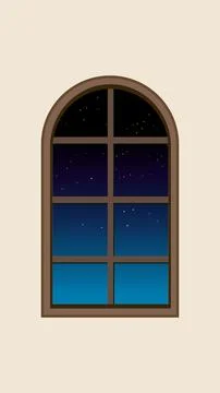 Arched Window Vector Illustration with Starry Night Sky View Stock Illustration
