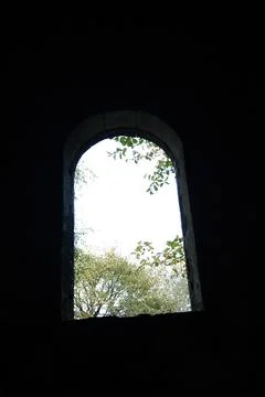Arched Window View Of Autumn Trees And Bright Sky, Sheep Pasture, Cromford, Stock Photos