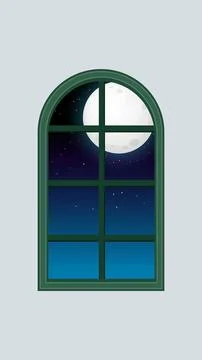 Arched Window View of Full Moon in Starry Night Sky Stock Illustration