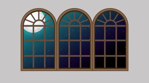 Arched Windows with Full Moon and Starry Night Sky View Stock-Illustration