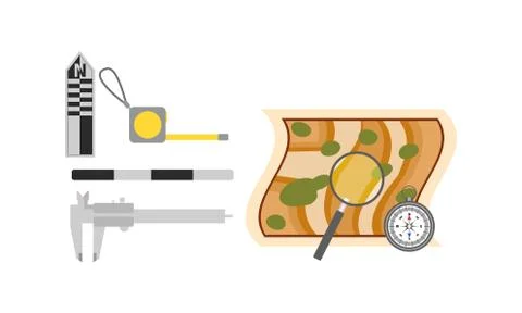 Archeologic Tools with Map and Compass Vector Set Stock Illustration