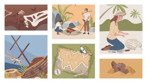 Archeological excavation vector flat illustrations. Men and women digging, using Stock Illustration