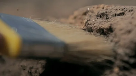 Archeological site, Archaeologist working, macro, hand and brush Stock Footage