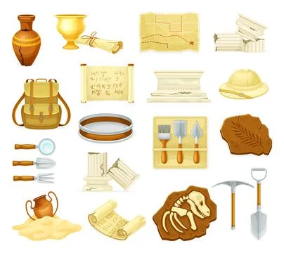 Archeological Tools and Ancient Artifacts for Exploration Vector Set Illustrazione stock