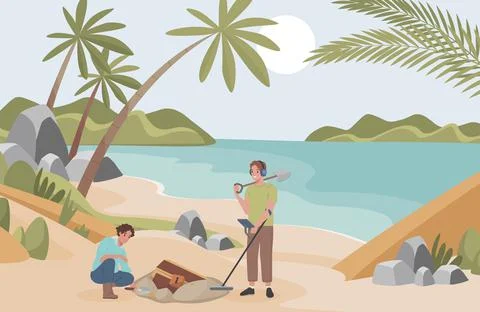 Archeologists finding treasure vector flat illustration. Men with archeological Stock Illustration