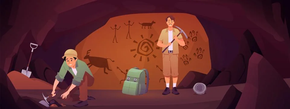 Archeology digging work in cave with rock paintings. Archaeologists men excav 스톡 일러스트