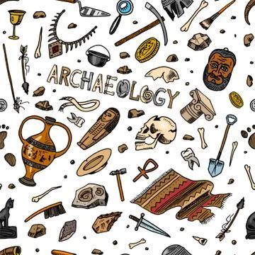 Archeology seamless pattern. Tools and science equipment, artifacts in vintage Stock Illustration
