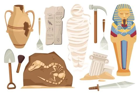Archeology set graphic elements in flat design. Bundle of ancient broken va.. Stock Illustration