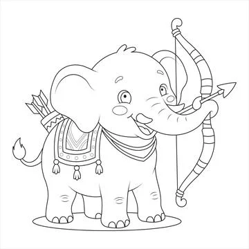 Archer bow arrow quiver elephant aiming weapon with decorative saddle blanket 스톡 일러스트