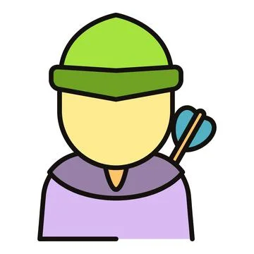Archer character wearing green hat and carrying arrows Ilustración de archivo