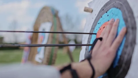 Archer pull out arrows from bullseye 動画素材 100558845