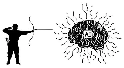 Archer shoots the arrow at artificial intelligence. Vector illustration Stock Illustration