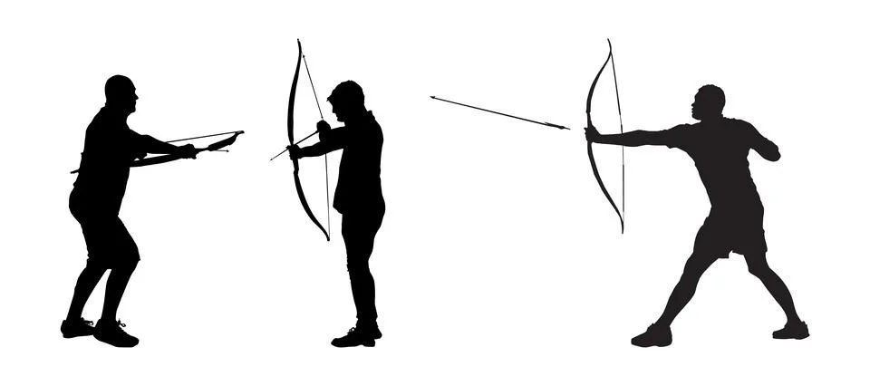 Archer silhouettes set isolated on white background. Man archers. Stock Illustration