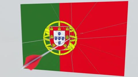 Archery arrow breaks plate featuring flag of PORTUGAL. 3D rendering Stock Illustration