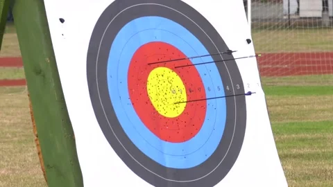 Archery. Arrows in archery target on archery range. Stock Footage 163632884