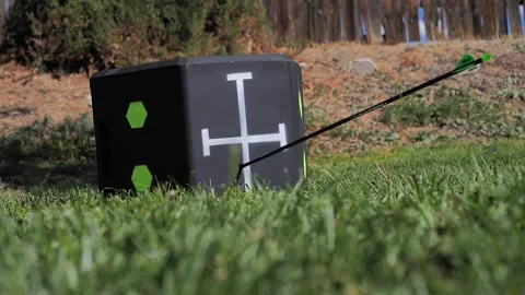 Archery arrows missing the bullseye of an archery target Video stock 171996607