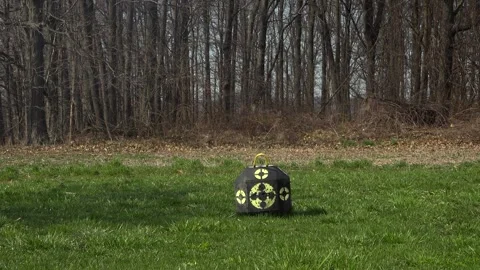 Archery Block Target Sitting in Grassy Backyard Meadow Stock Footage 345004605