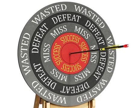 Archery concept, arrow hits the red center of target with success sign, and l Stock Illustration