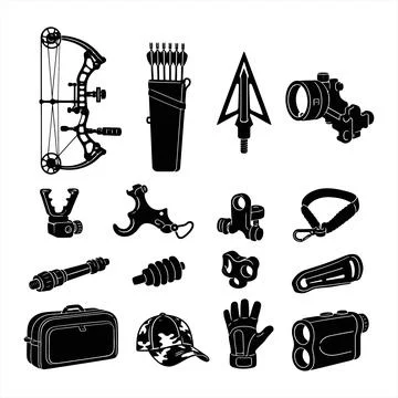 Archery Equipment Set Featuring Bow Hunting Accessories and Gear Icons Coll.. Illustrazione stock