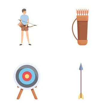 Archery icons set cartoon vector. Shooter and equipment for archery Stock Illustration