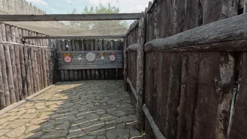 Archery range, training camp for old Russian warriors and hunters, small village Stock Footage 259546077