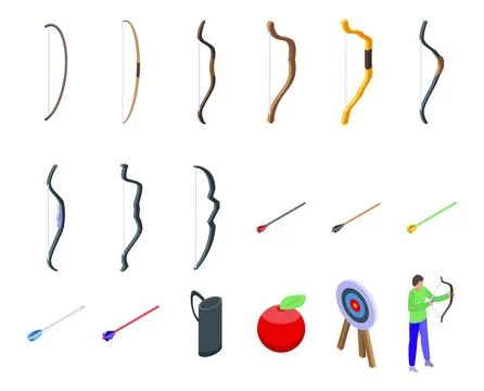 Archery shoot weapon icons set isometric vector. Bow arrow Stock Illustration