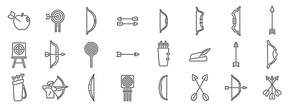 Archery shoot weapon icons set. Collection of archery and bow hunting line ic Stock Illustration