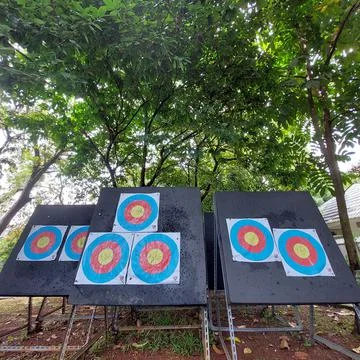 Archery target board ready to use for match Stock Photos