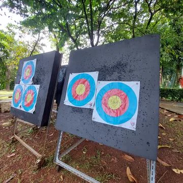 Archery target board ready to use for match Stock Photos