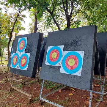 Archery target board ready to use for match Stock Photos