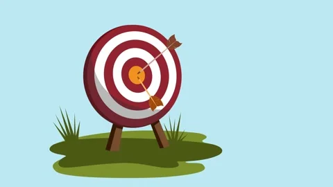 Archery target on a grassy patch with two arrows hitting the bullseye animati Stock Footage 334766117
