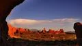Arches 37 Panning R Windows Section Sunset Double Arch Utah USA HD Footage