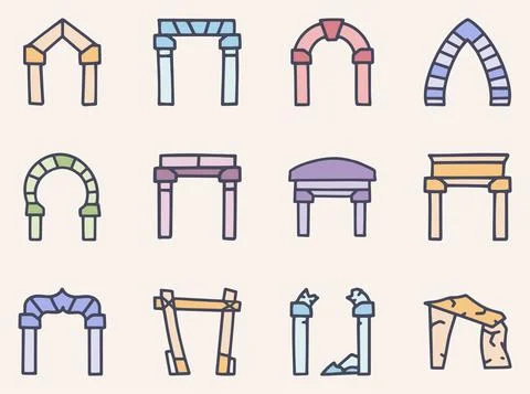 Arches color vector doodle simple icon set Stock Illustration