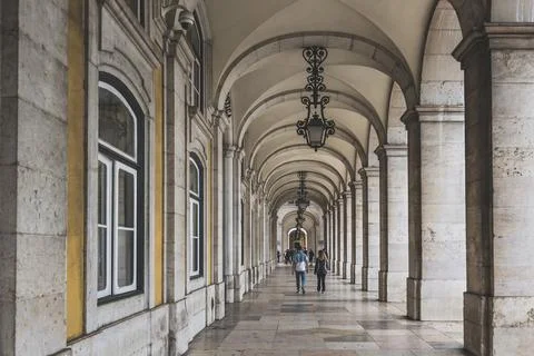 Arches in public square called Praca do Comercio or Terreiro do Paco, in Lisbon Stock Photos