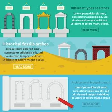 Arches types banner horizontal set, flat style Stock Illustration