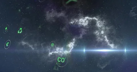 Arching luminous nebula and lens flare sweeping across space, showing CO token Stock Photos