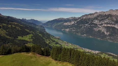 Arching panorama shot of Walensee, Switzerland Stock Footage 315969688