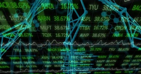 Arching translucent cyan 3D network sweeping across dashboard, with green Stock Illustration