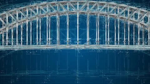 Architect 3D blueprint of bridge engineering structure design  Ilustración de archivo