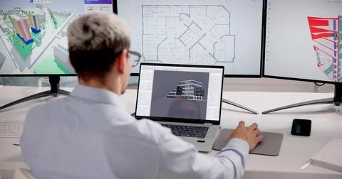 Architect Analyzes 3D BIM Model To Enhance Building Design Strategy Stock Photos