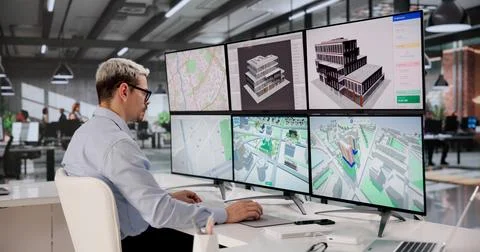 Architect Analyzes 3D BIM Model To Enhance Building Design Development 写真素材