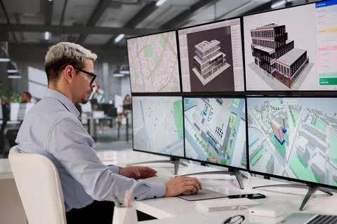 Architect Analyzes 3D BIM Model To Enhance Building Design Workflow Stock Photos