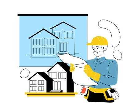Architect analyzing house blueprint. Vector illustration イラスト素材
